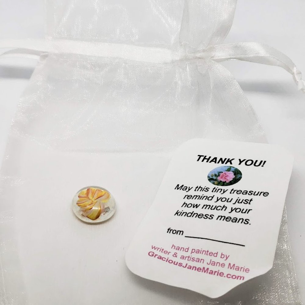 Thank you stone handpainted glass pebble with note and bag artisan Jane Marie
